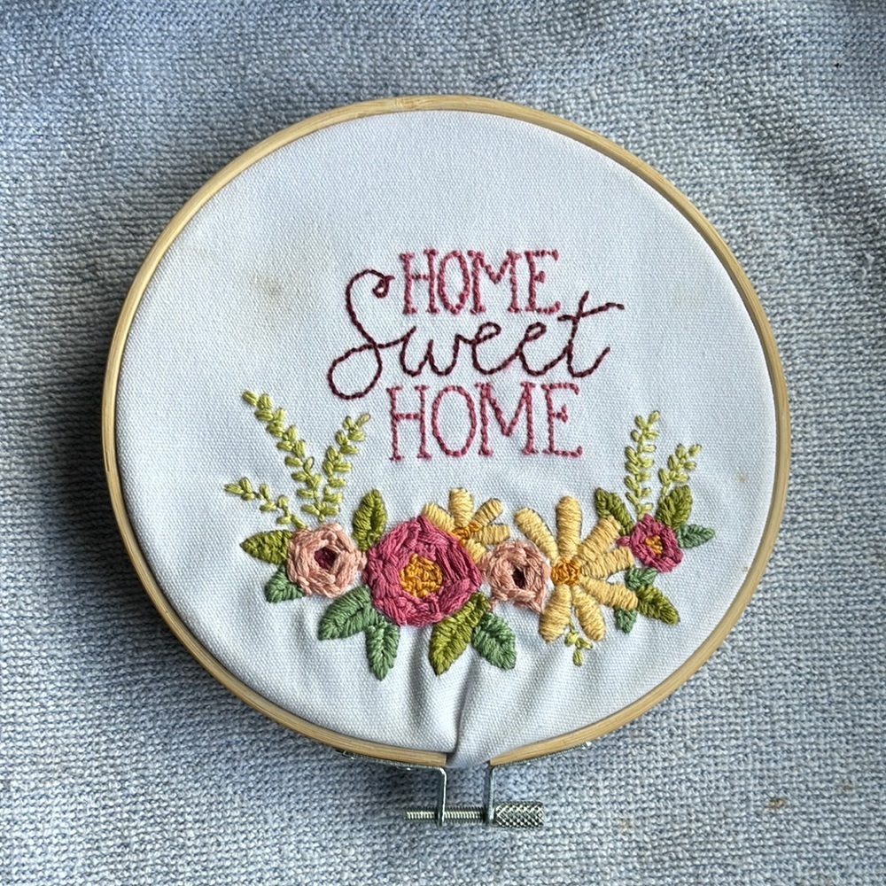 Handmade, Pink and Yellow Fiber Arts Embroidery Hoop Art